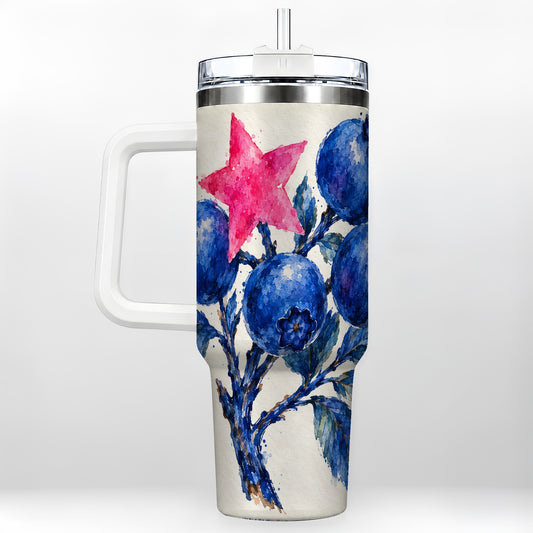 Watercolor Blueberry 40oz Tumbler with Handle, Pink Star Fruit Art