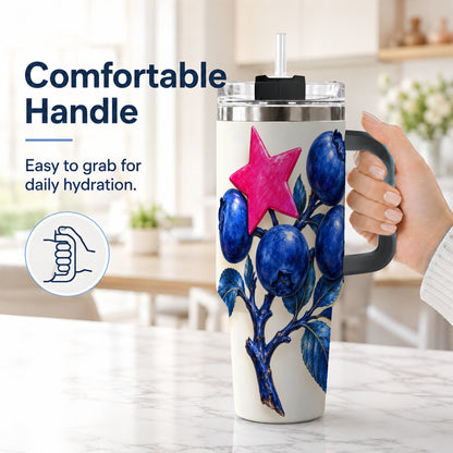 #pl[40oz|Black] Blueberry Branch 40oz Tumbler with Handle, Pink Star Botanical Design