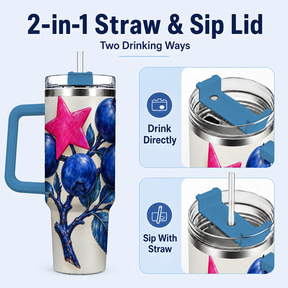 #pl[40oz|Blue] Blueberry Branch 40oz Tumbler with Handle, Pink Star Botanical Design