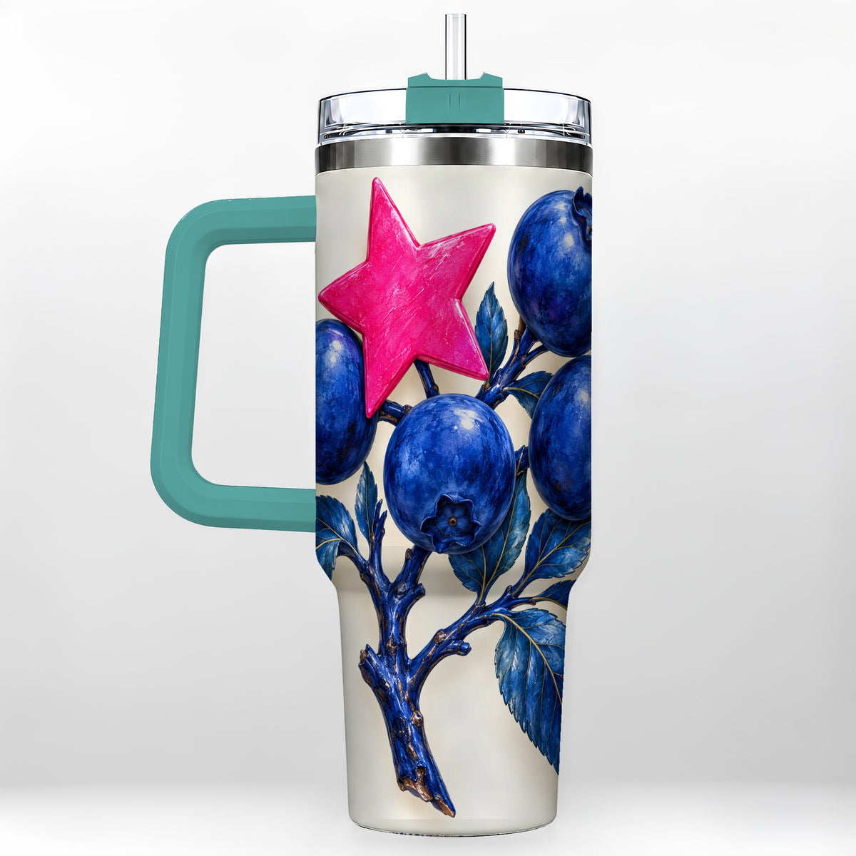 #pl[40oz|Green] Blueberry Branch 40oz Tumbler with Handle, Pink Star Botanical Design