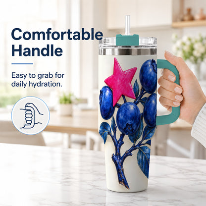 #pl[40oz|Green] Blueberry Branch 40oz Tumbler with Handle, Pink Star Botanical Design