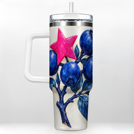 Blueberry Branch 40oz Tumbler with Handle, Pink Star Botanical Design