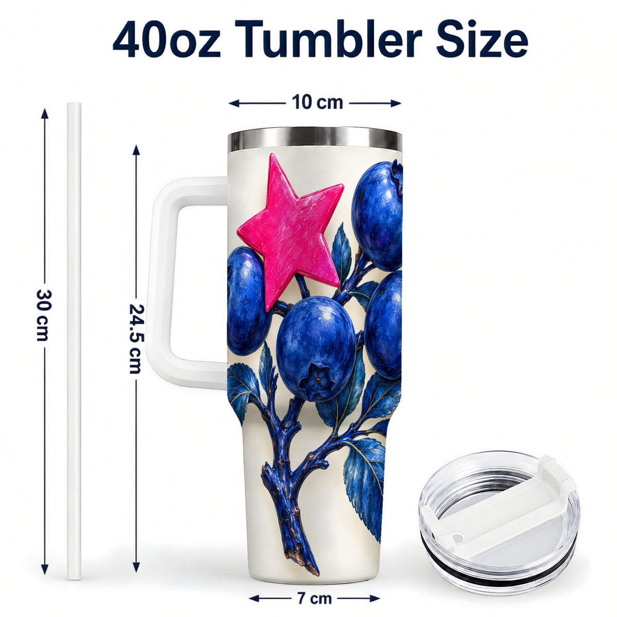 #pl[40oz|White] Blueberry Branch 40oz Tumbler with Handle, Pink Star Botanical Design