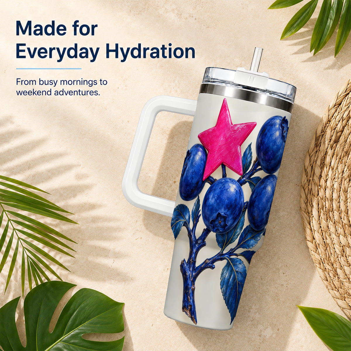 Blueberry Branch 40oz Tumbler with Handle, Pink Star Botanical Design
