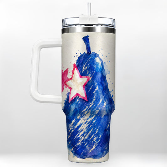 Blue Watercolor Pear 40oz Tumbler with Handle, Pink Star Fruit Art