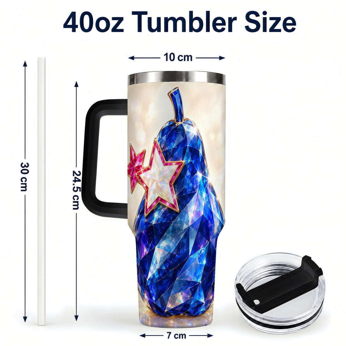 #pl[40oz|Black] Blue Crystal Pear 40oz Tumbler with Handle, Pink Star Gemstone Art