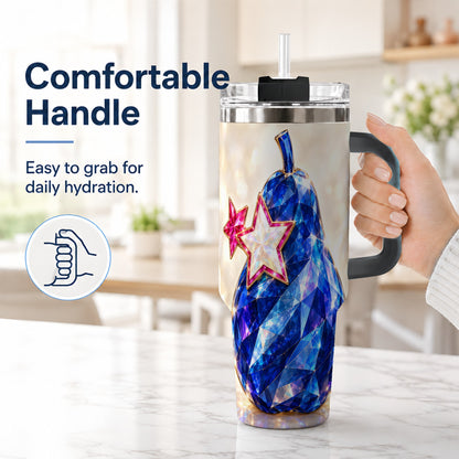 #pl[40oz|Black] Blue Crystal Pear 40oz Tumbler with Handle, Pink Star Gemstone Art