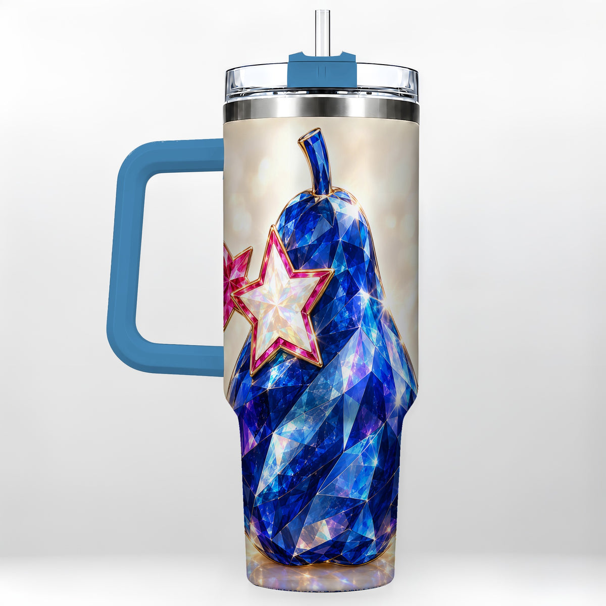 #pl[40oz|Blue] Blue Crystal Pear 40oz Tumbler with Handle, Pink Star Gemstone Art