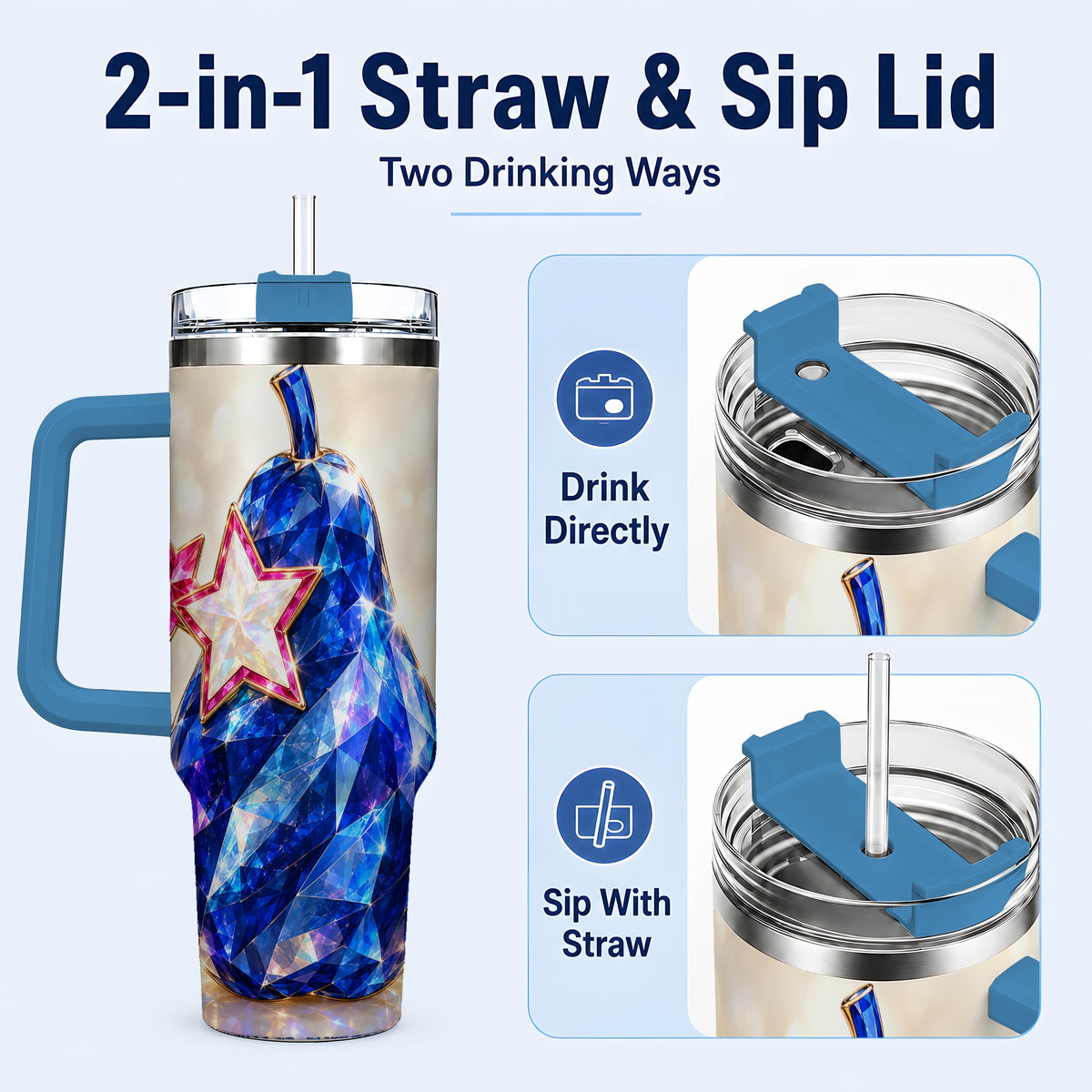 #pl[40oz|Blue] Blue Crystal Pear 40oz Tumbler with Handle, Pink Star Gemstone Art