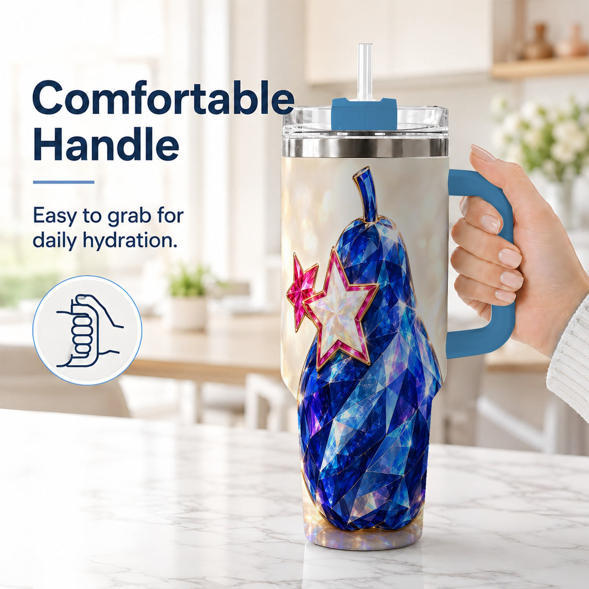 #pl[40oz|Blue] Blue Crystal Pear 40oz Tumbler with Handle, Pink Star Gemstone Art