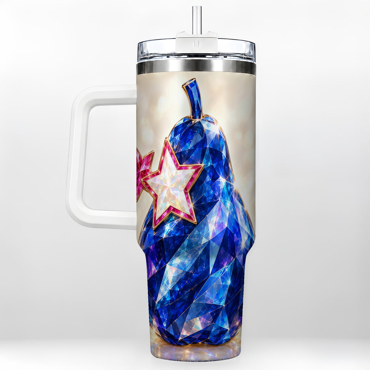 Blue Crystal Pear 40oz Tumbler with Handle, Pink Star Gemstone Art