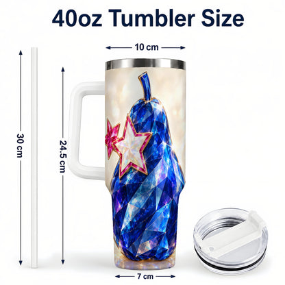#pl[40oz|White] Blue Crystal Pear 40oz Tumbler with Handle, Pink Star Gemstone Art