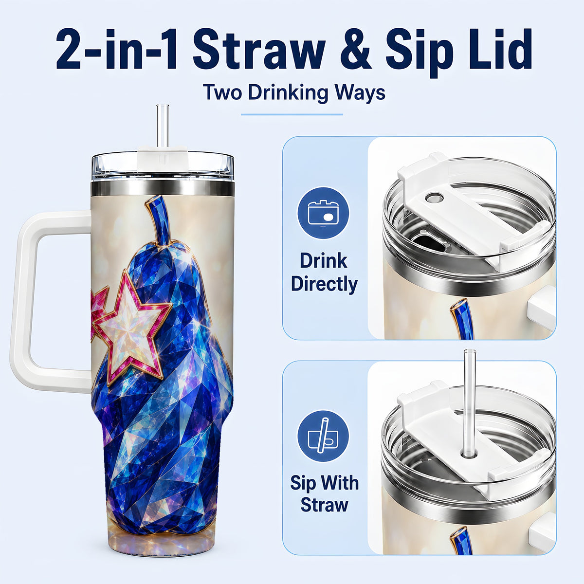 #pl[40oz|White] Blue Crystal Pear 40oz Tumbler with Handle, Pink Star Gemstone Art