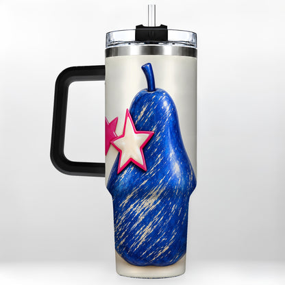 #pl[40oz|Black] Blue Pear 40oz Tumbler with Handle, Pink Star Abstract Fruit Design
