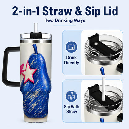 #pl[40oz|Black] Blue Pear 40oz Tumbler with Handle, Pink Star Abstract Fruit Design