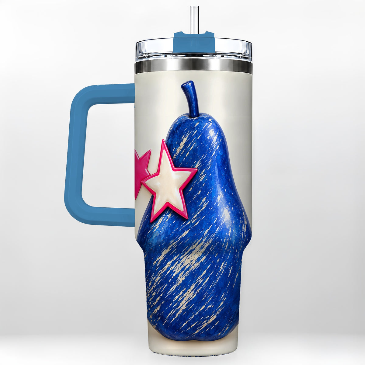 #pl[40oz|Blue] Blue Pear 40oz Tumbler with Handle, Pink Star Abstract Fruit Design