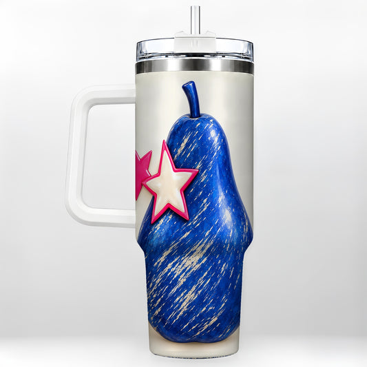 Blue Pear 40oz Tumbler with Handle, Pink Star Abstract Fruit Design