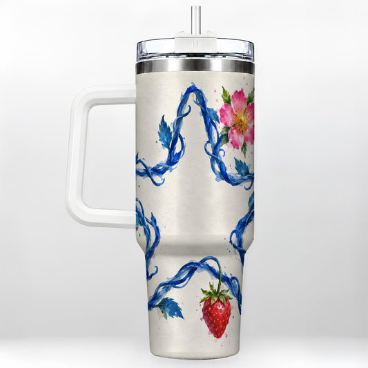 Blue Vine Star 40oz Tumbler with Handle, Strawberry Blossom Floral Art