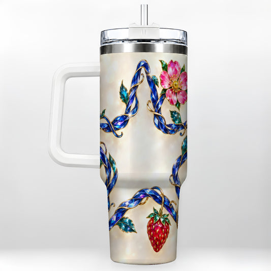 Sapphire Star 40oz Tumbler with Handle, Jeweled Strawberry Floral Art