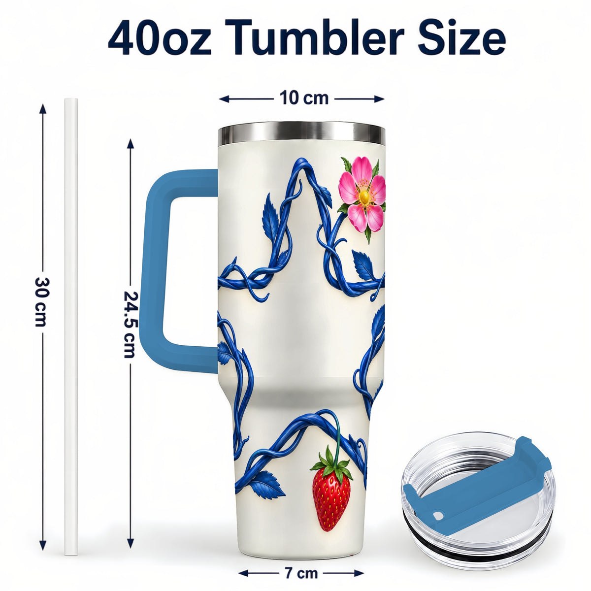#pl[40oz|Blue] Blue Botanical Star 40oz Tumbler with Handle, Strawberry Flower Art