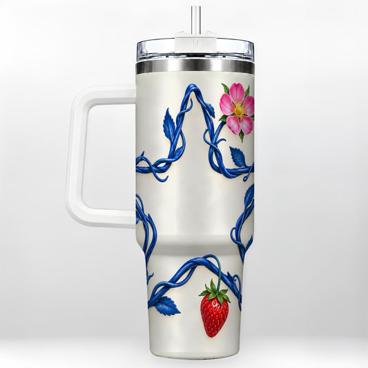 Blue Botanical Star 40oz Tumbler with Handle, Strawberry Flower Art
