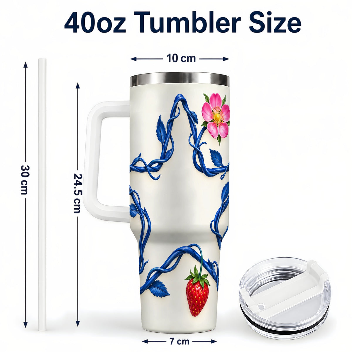 #pl[40oz|White] Blue Botanical Star 40oz Tumbler with Handle, Strawberry Flower Art