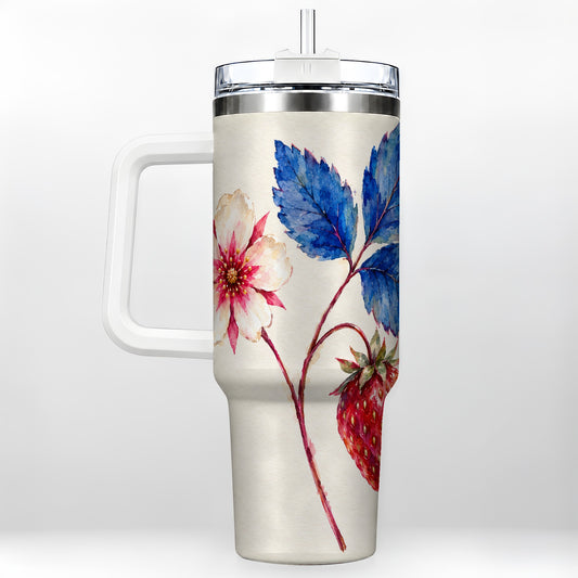 Strawberry Botanical 40oz Tumbler with Handle, Blue Leaf Floral Art