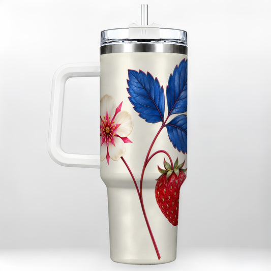 Strawberry Blossom 40oz Tumbler with Handle, Botanical Floral Design