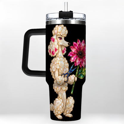 #pl[40oz|Black] Jeweled Poodle 40oz Tumbler with Handle, Dog Groomer Floral Artwork