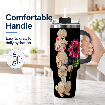 #pl[40oz|Black] Jeweled Poodle 40oz Tumbler with Handle, Dog Groomer Floral Artwork