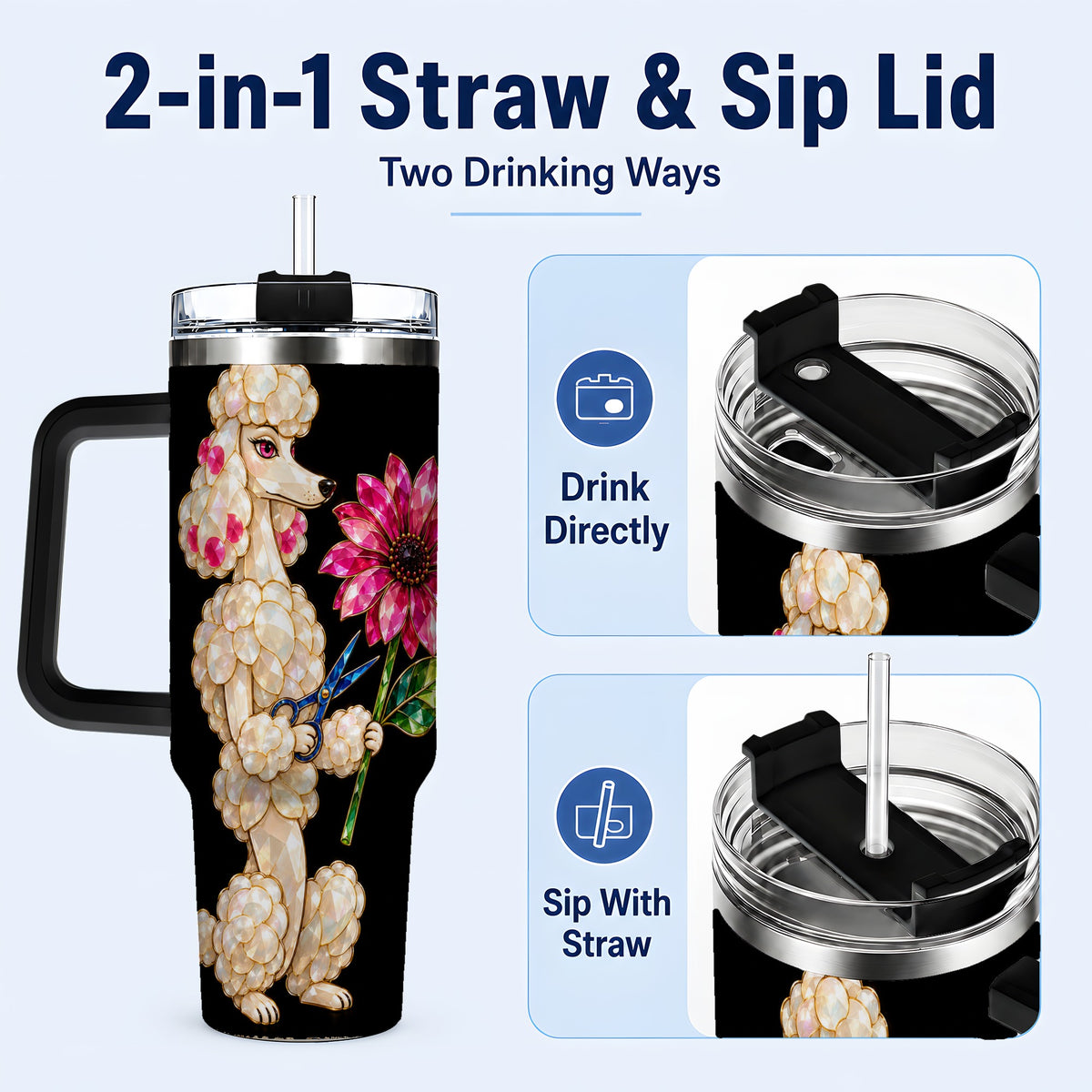 #pl[40oz|Black] Jeweled Poodle 40oz Tumbler with Handle, Dog Groomer Floral Artwork