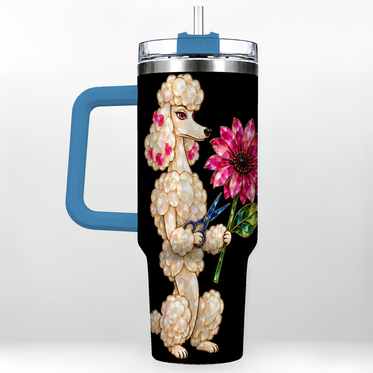#pl[40oz|Blue] Jeweled Poodle 40oz Tumbler with Handle, Dog Groomer Floral Artwork