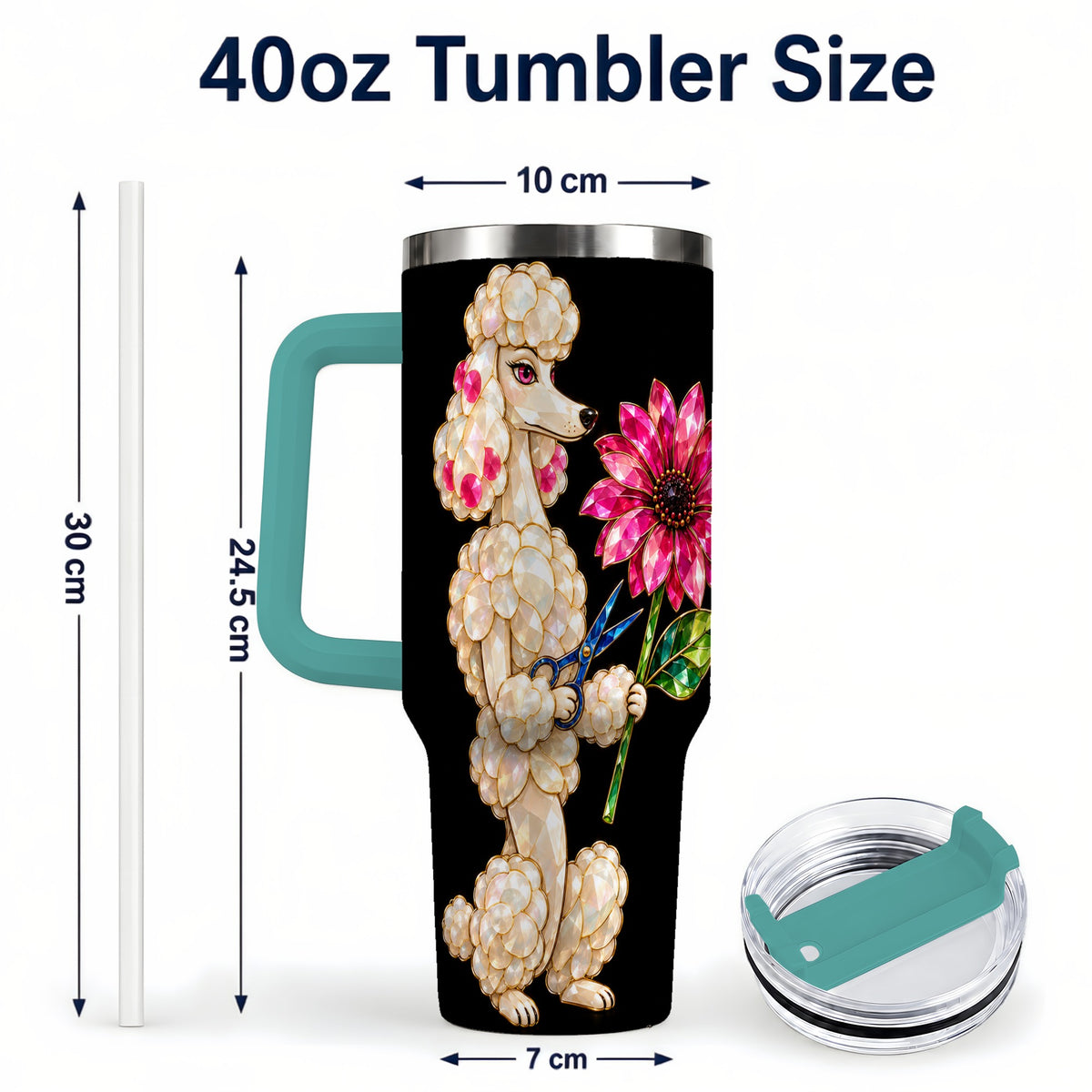 #pl[40oz|Green] Jeweled Poodle 40oz Tumbler with Handle, Dog Groomer Floral Artwork