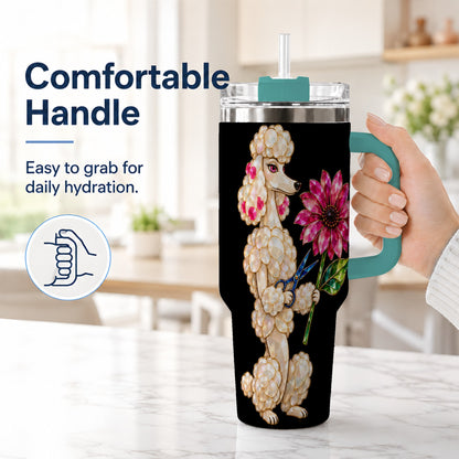 #pl[40oz|Green] Jeweled Poodle 40oz Tumbler with Handle, Dog Groomer Floral Artwork