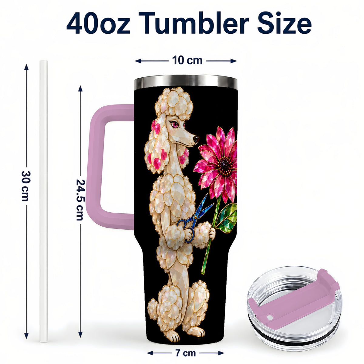 #pl[40oz|Pink] Jeweled Poodle 40oz Tumbler with Handle, Dog Groomer Floral Artwork