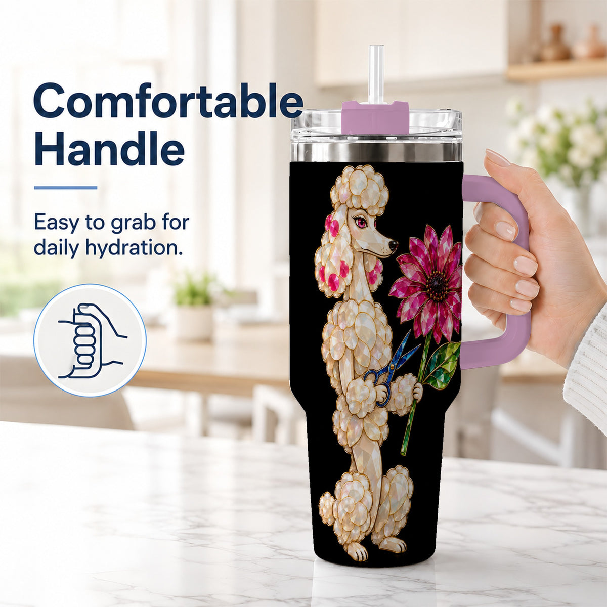 #pl[40oz|Pink] Jeweled Poodle 40oz Tumbler with Handle, Dog Groomer Floral Artwork
