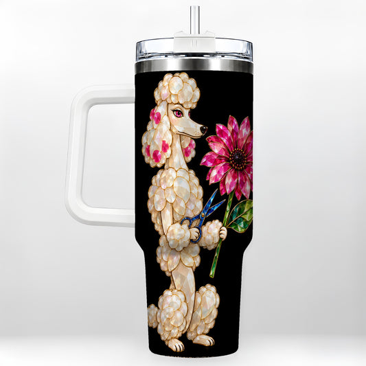 Jeweled Poodle 40oz Tumbler with Handle, Dog Groomer Floral Artwork
