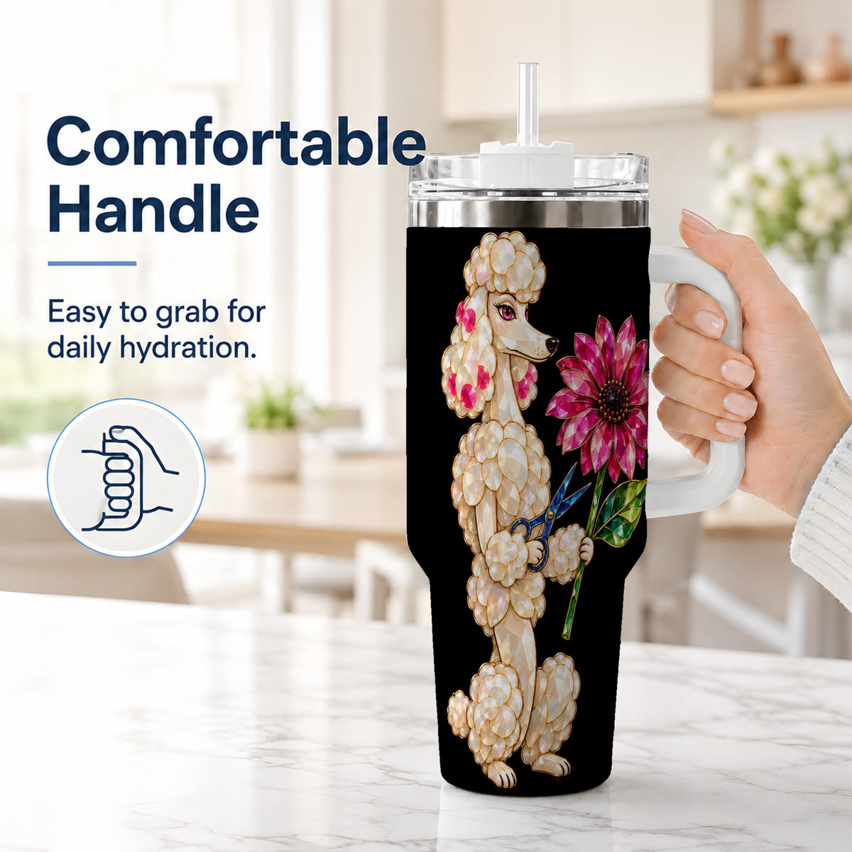#pl[40oz|White] Jeweled Poodle 40oz Tumbler with Handle, Dog Groomer Floral Artwork