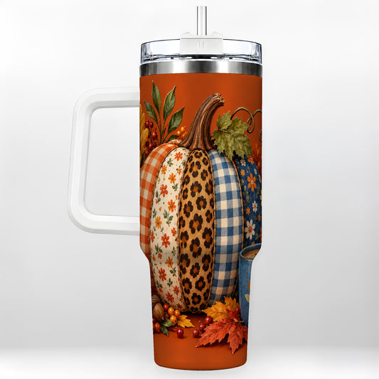 Patchwork Pumpkin 40oz Tumbler with Handle, Autumn Plaid Floral Art