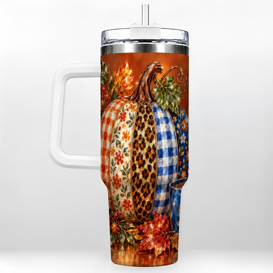 Jeweled Pumpkin 40oz Tumbler with Handle, Crystal Style Autumn Art