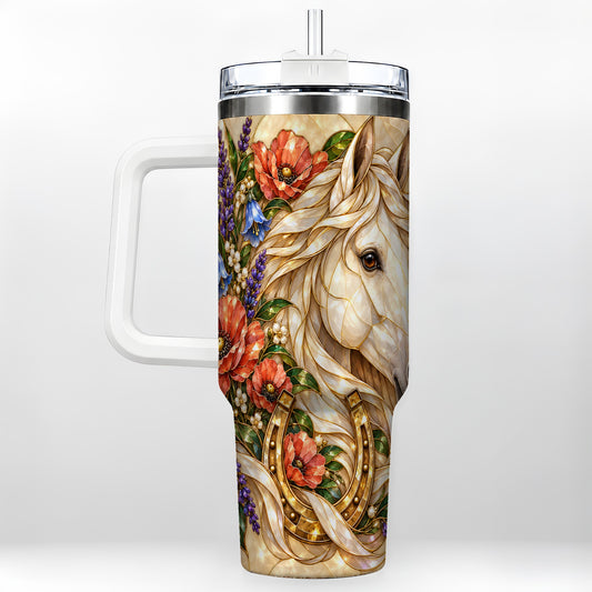 White Horse Floral 40oz Tumbler with Handle, Golden Horseshoe Art