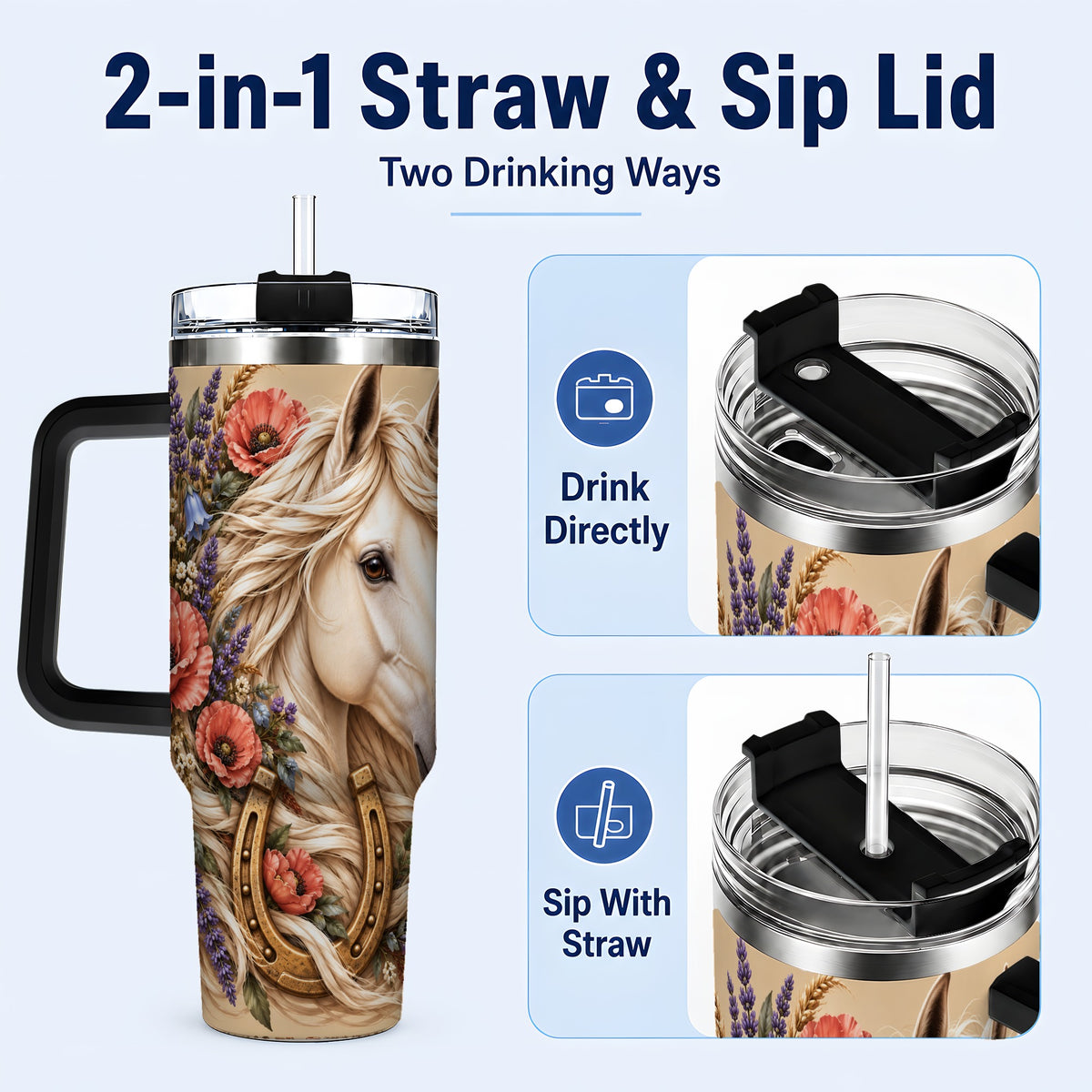 #pl[40oz|Black] White Horse Floral 40oz Tumbler with Handle, Rustic Equestrian Art