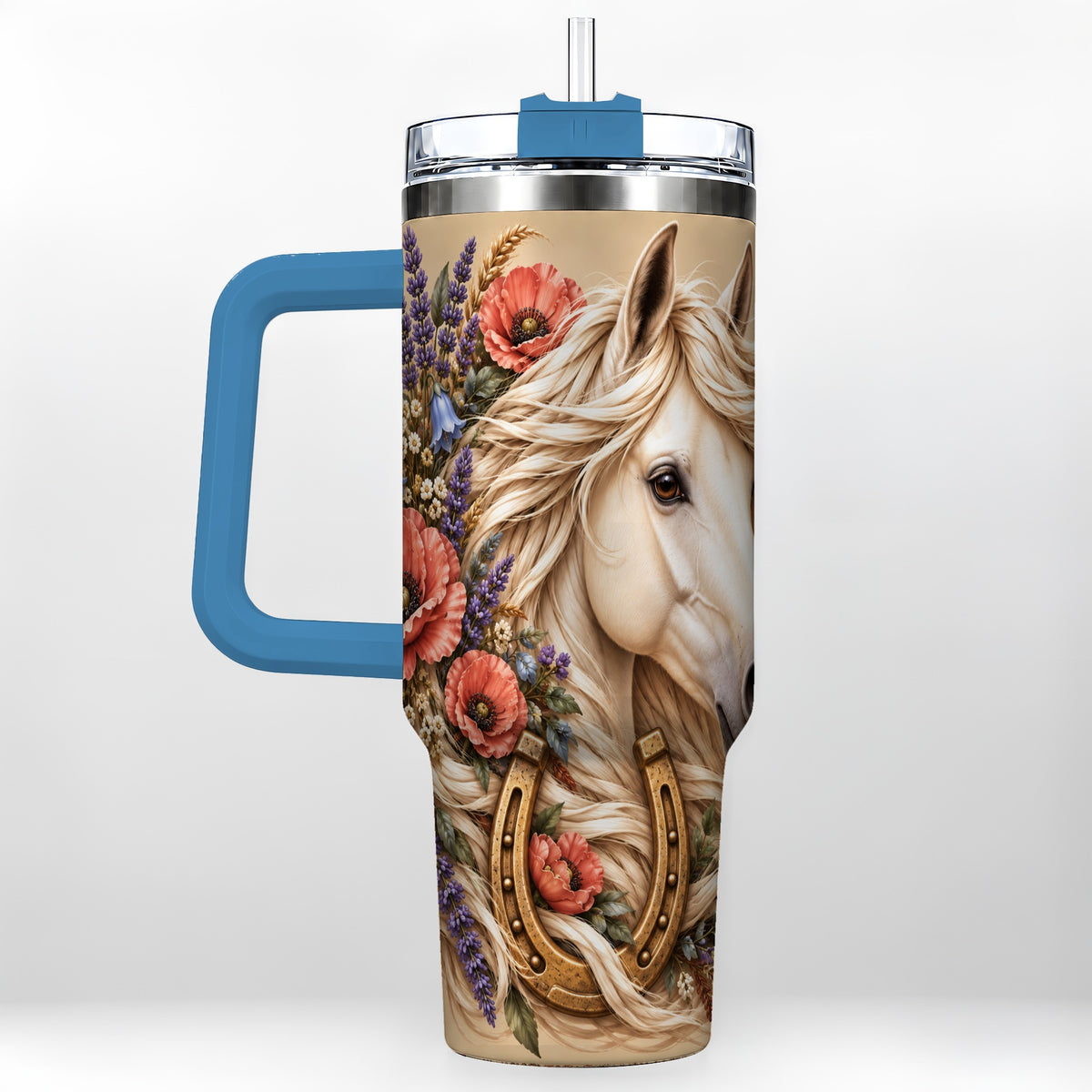 #pl[40oz|Blue] White Horse Floral 40oz Tumbler with Handle, Rustic Equestrian Art
