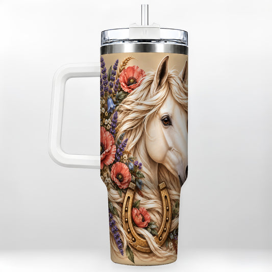 White Horse Floral 40oz Tumbler with Handle, Rustic Equestrian Art