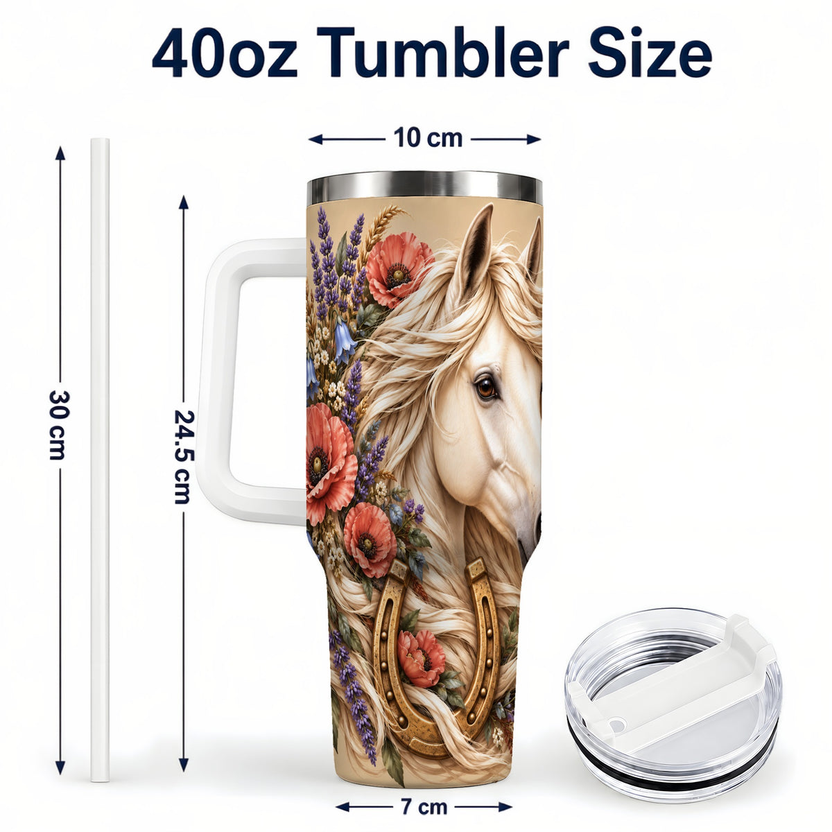 #pl[40oz|White] White Horse Floral 40oz Tumbler with Handle, Rustic Equestrian Art
