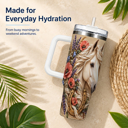 White Horse Floral 40oz Tumbler with Handle, Rustic Equestrian Art