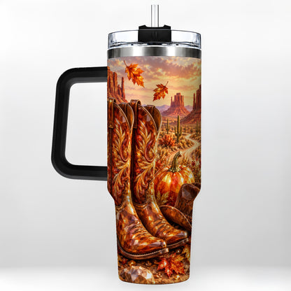 #pl[40oz|Black] Fall Cowboy Boots 40oz Tumbler with Handle, Western Autumn Art