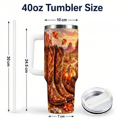 #pl[40oz|White] Fall Cowboy Boots 40oz Tumbler with Handle, Western Autumn Art