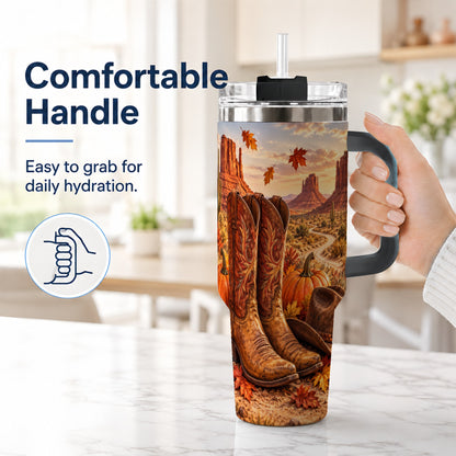 #pl[40oz|Black] Western Fall 40oz Tumbler with Handle, Cowboy Boots Autumn Drinkware