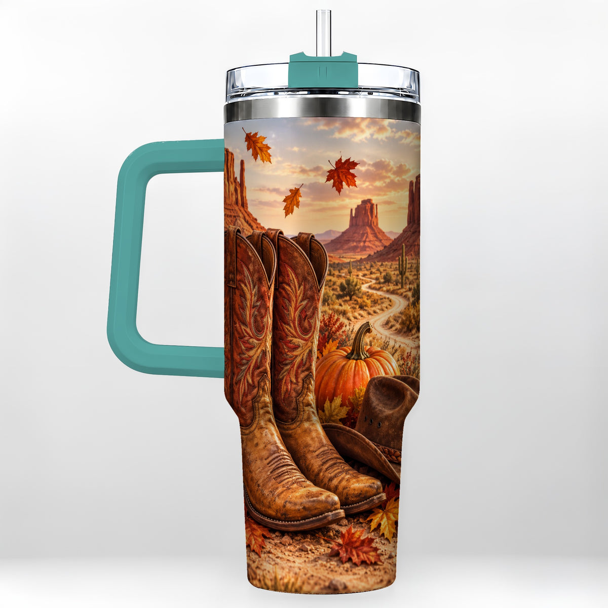 #pl[40oz|Green] Western Fall 40oz Tumbler with Handle, Cowboy Boots Autumn Drinkware